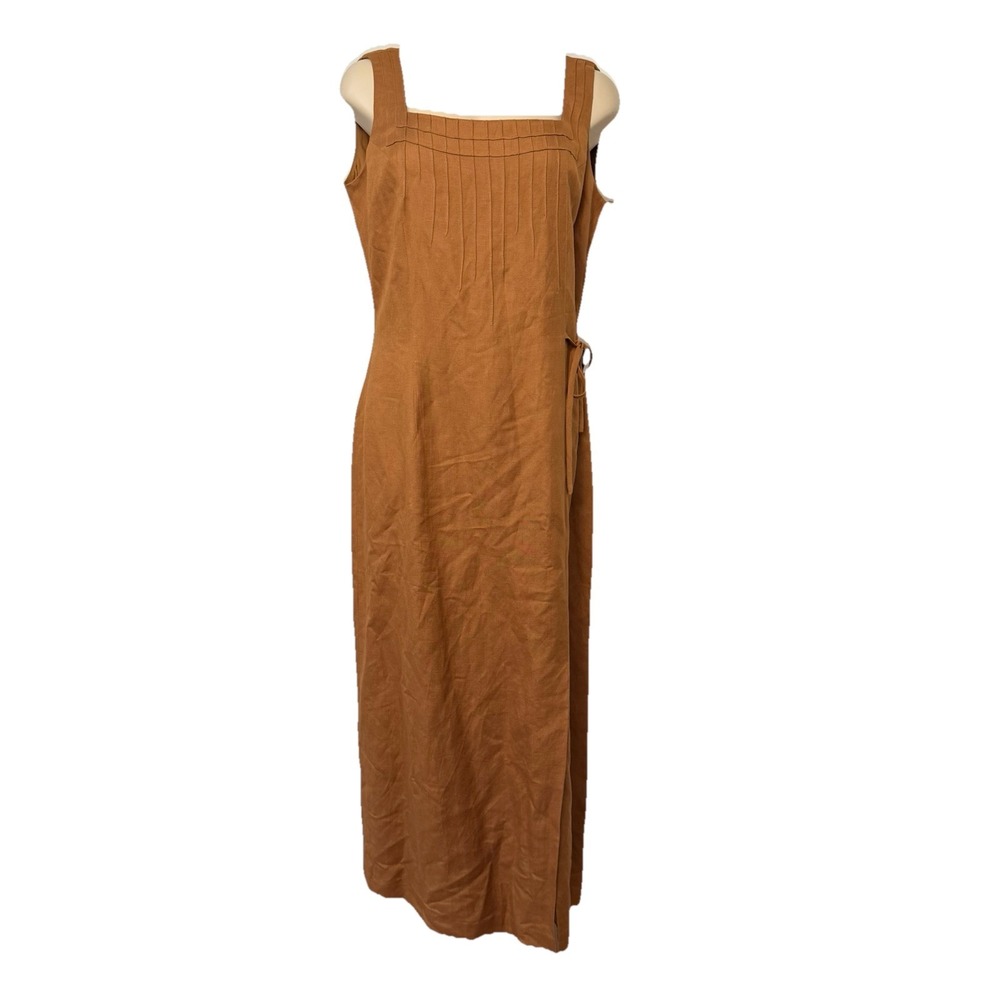 Adrianna Papell Linen Blend Dress‎ Vintage Size 12 Pintuck Pleated Camel Tan